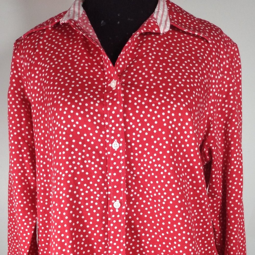 Chaps Button up No Iron Red with White Polka Dot Shirt Size: L